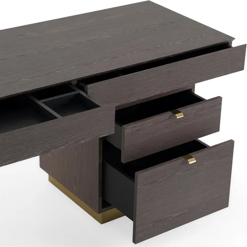 Vista 6 de Limari Home Trajory Collection - Escritorio moderno con acabado de chapa de olmo para oficina en casa con 4 cajones de cierre suave, gris, dorado