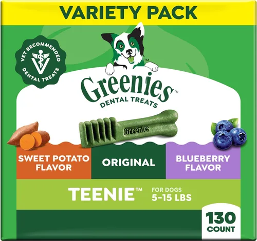 Vista 20 de Greenies Golosinas dentales naturales para perros adultos recomendadas por veterinarios, tamaño Teenie, sabor a arándano azul, paquete de 12 oz., 43