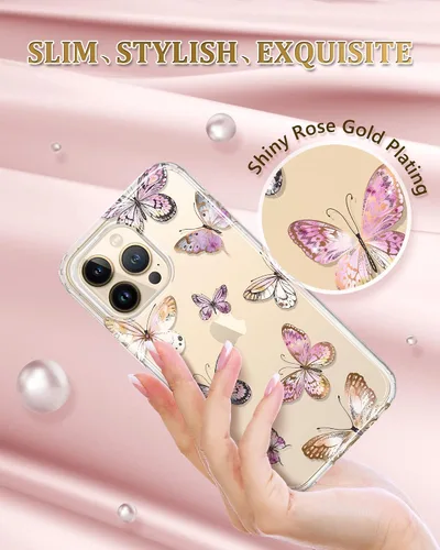Vista 2 de Funda transparente compatible con iPhone 14 Pro chapado en oro, diseño de mariposa, a prueba de golpes, delgada, de poliuretano termoplástico