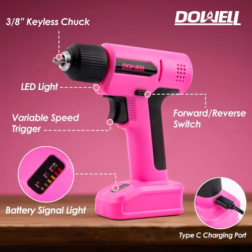 Vista 3 de DOWELL Juego de herramientas de taladro inalámbrico de 8 V, 58 unidades, LED integrado, velocidad variable, cable de carga tipo C, funda moldeada
