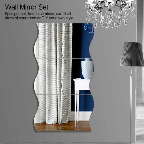 Vista 7 de Haofy Calcomanías de pared de espejo, 6 unidades/juego de calcomanías de espejo de pared con forma de ondas, adhesivo de espejo de moda, combinación