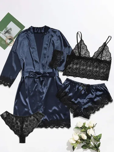 Vista 5 de WDIRARA - Conjunto de pijama de satén de seda para mujer, lencería de encaje floral, ropa de dormir con bata, 4piezas