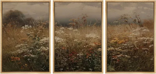 Vista 110 de SIGNWIN Lienzo enmarcado para pared, juego de arte de campos pastorales, flores silvestres, campo rústico, paisaje, floral, ilustraciones modernas