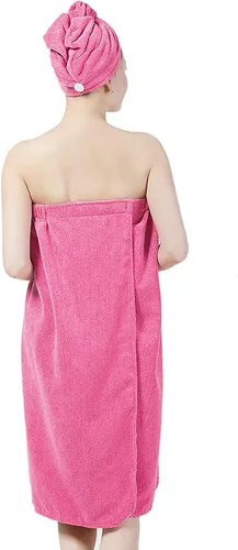 Vista 4 de ITODA Toalla de baño para mujer, falda de baño absorbente con toalla para el pelo, albornoz ajustable, gorro de baño de secado rápido