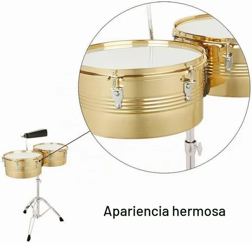 Vista 7 de Lykos Percussion - Juego de batería Timbales de 13 y 14 pulgadas con soporte y cencerro (dorado)