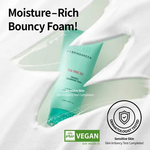 Vista 3 de BRING GREEN Tea Tree Cica Trouble Espuma limpiadora Limpiador suave para exfoliación, elimina puntos negros, puntos blancos, residuos faciales