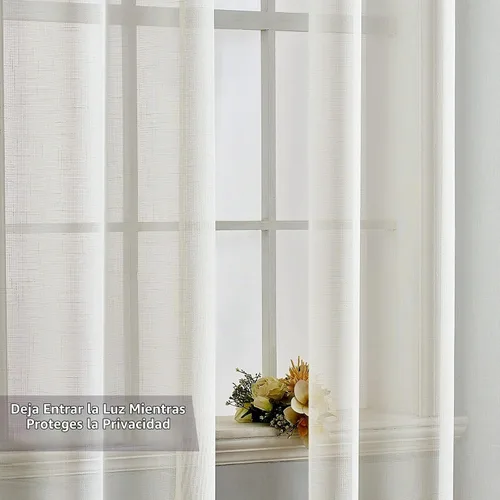 Vista 4 de MIULEE 2 paneles de cortinas traslúcidas con textura de aspecto de lino natural, elegantes cortinas de marfil sólido, con ojales en la parte