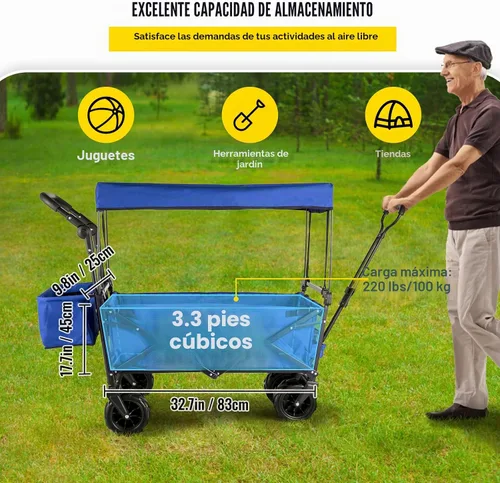 Vista 3 de Happbuy - Carro plegable con toldo extraíble, 220 libras, carrito de playa plegable resistente con ruedas grandes