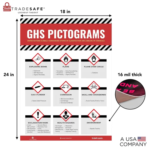 Vista 2 de TRADESAFE Póster de etiquetas de seguridad GHS, póster de peligro para lugares de trabajo industriales, etiquetas de pictograma GHS de 18 x 24