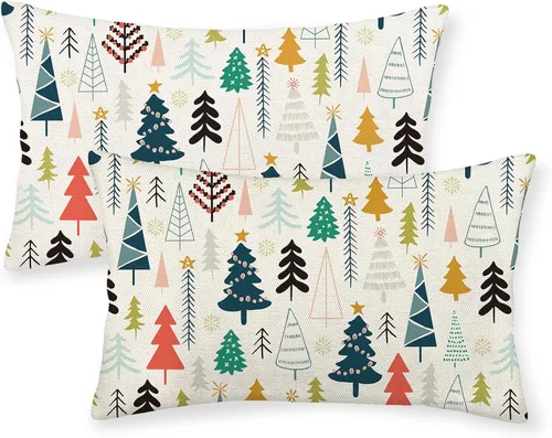 Vista 38 de Juego de 2 fundas de almohada navideñas de 16 x 16 pulgadas, fundas de almohada de lino color rojo con diseño de alces y ciervos de invierno