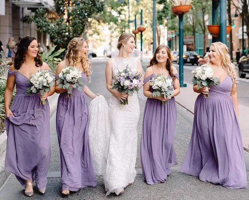 Vista 5 de Vestidos largos de dama de honor con hombros descubiertos para mujer, con bolsillos, acampanados, plisados, de gasa, vestidos formales de fiesta