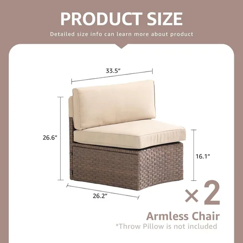 Vista 3 de SUNSITT Juego de 2 muebles de patio de media luna para exteriores, sofá de mimbre curvado, con cojines beige Marrón