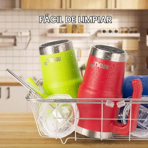 Vista 5 de Vaso de 16 onzas con asa, reutilizable, de acero inoxidable, aislado al vacío, con tapa y pajilla, para mujeres y niñas (verde manzana)