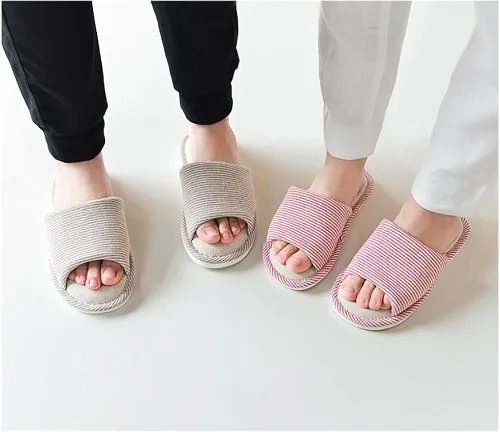 Vista 3 de Pantuflas unisex de algodón lavables con punta abierta para el hogar, zapatos de interior informales, de lino suave, suela antideslizante