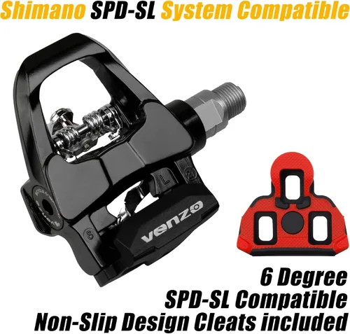 Vista 3 de Venzo Compatible con Shimano SPD-SL y Shimano SPD System para bicicleta de ejercicio en interiores, pedales y tacos con husillos resistentes de 9/16