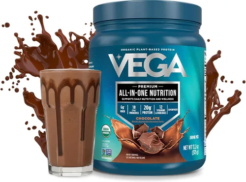 Vista 2 de Vega Organic All-in-One Proteína vegana en polvo sabor chocolate 9 porciones, ingredientes de superalimento, vitaminas para apoyo inmunológico
