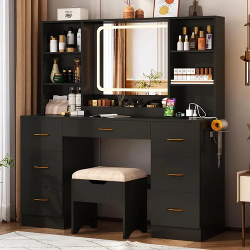 Vista 6 de chartustriable Escritorio grande de maquillaje de 47 pulgadas con espejo LED inteligente y estación de carga, juego de mesa negra con taburete