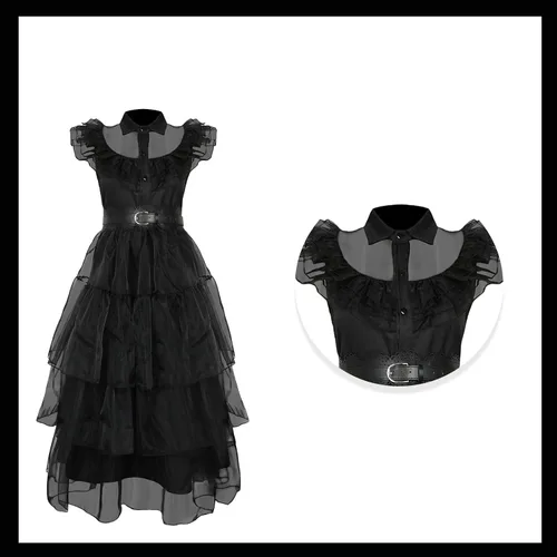 Vista 2 de shyhand Wednesdays Addams - Vestido para niñas y niños, juego de disfraz de miércoles, vestido de baile para cosplay, Halloween