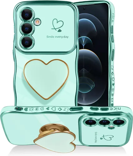 Vista 19 de Funda para Samsung Galaxy S22 Love-Heart Holder Case Cute Black Luxury Wave Frame forma rizada con corazón de amor, cubierta protectora de TPU suave