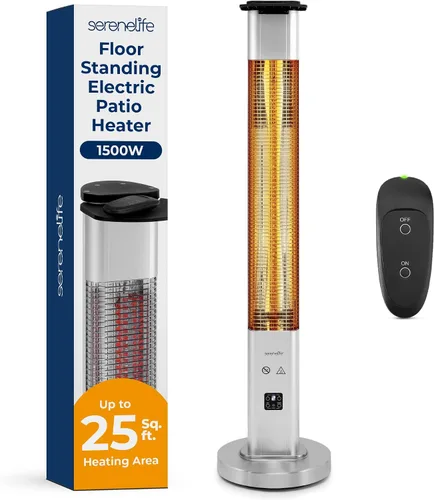 Vista 8 de SereneLife Calentador eléctrico para patio al aire libre, calentador infrarrojo de 900 W con control remoto, reflector de aluminio, diseño