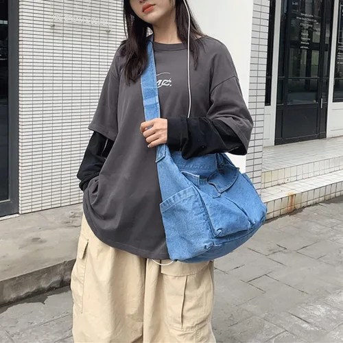 Vista 3 de Bolso de hombro de mezclilla de lona para mujeres y hombres, bolso de mano casual, retro, estético, bolso cruzado