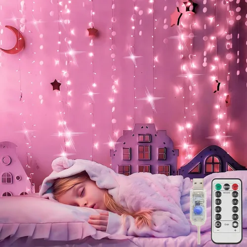 Vista 10 de suddus Luces de Cortina para Dormitorio, 90 Luces LED de Cadena Colgantes para Exteriores, Luces de Cortina de Hadas para Interiores para Navidad