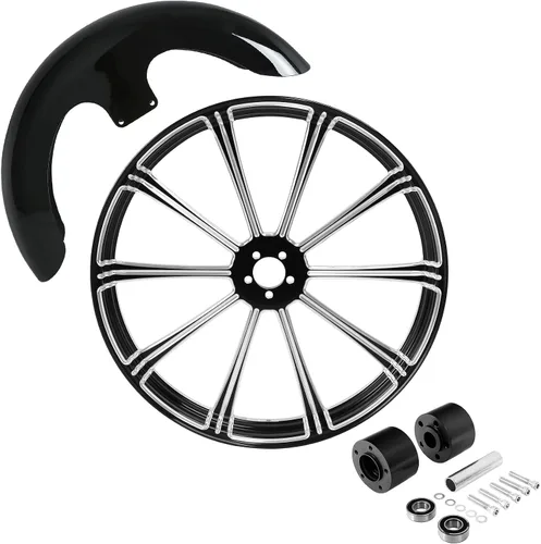 Vista 105 de TCMT Llanta de rueda delantera de 21", buje de rueda de brida de doble disco con guardabarros delantero negro sin pintar, compatible con modelos