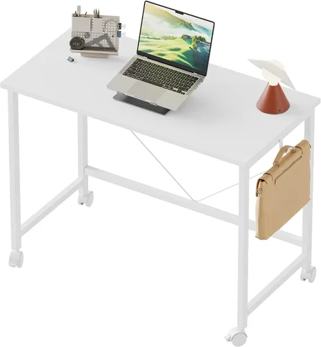 Vista 45 de Mericonia Escritorio de computadora, escritorio de juegos para espacios pequeños, mesa moderna de estilo simple para oficina en casa, mesa de Negro
