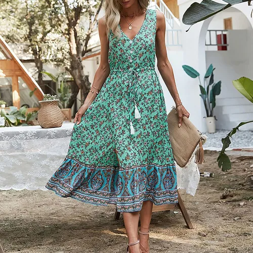 Vista 3 de Women's Long Sleeve Bodycon Dress Daily V-Neck Waist Ethnic Print Sleeveless Dress Sun Dresses Summer Casual