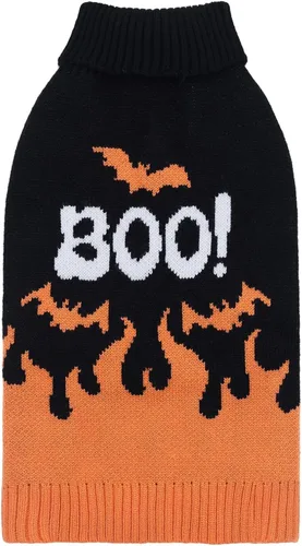 Vista 20 de CuteBone Suéter de calavera de Halloween para perros pequeños, cuello alto, ropa de invierno para mascotas, ropa de gato con agujero para arnés
