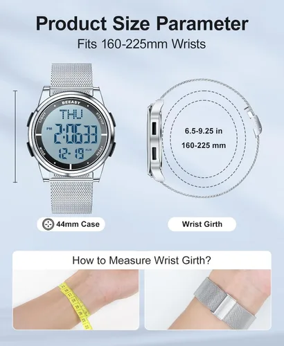 Vista 14 de Beeasy - Reloj digital de pulsera resistente al agua con cronómetro, alarma, cuenta regresiva, doble zona horaria, ultrafino, pantalla angular muy