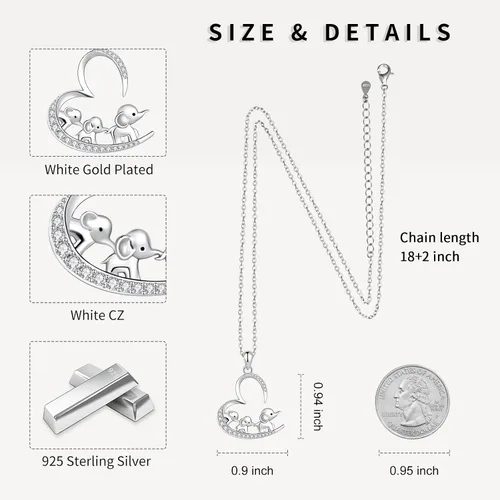 Vista 6 de Collar de plata de ley 925 con diseño de elefante, 3 elefantes, familia, para mamá e hija