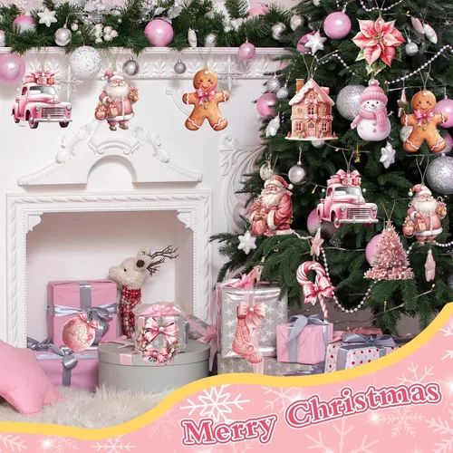 Vista 3 de 24 piezas de adornos vintage rosados de Navidad en madera para árbol colgante, adornos de árbol de Navidad en madera con muñeco de nieve rosado