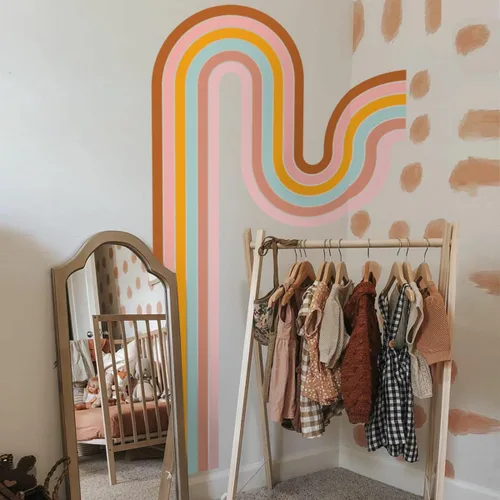 Vista 5 de Calcomanías de pared geométricas de líneas simples y bohemias extraíbles, 3D, colorido arco iris, calcomanías de pared de línea abstracta