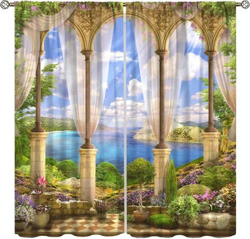Vista 32 de Cortina opaca de bosque de verano, diseño de ramas de bosque, con bolsillo para barra, cortinas farbic con bolsillo para barra, comedor, cafetería