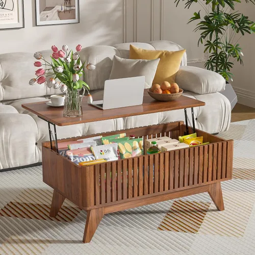 Vista 3 de Mesa de centro elevable con compartimento oculto, mesa de centro moderna de mediados de siglo para sala de estar, mesa central de granja de diseño