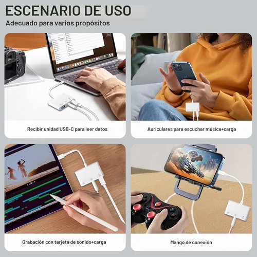Vista 5 de Adaptador de Aux a USB C a USB, Adaptador OTG USB 3-en-1 con Adaptador de Audio USB C a 3.5mm y Puerto de Carga Rápida PD de 60W, Compatible