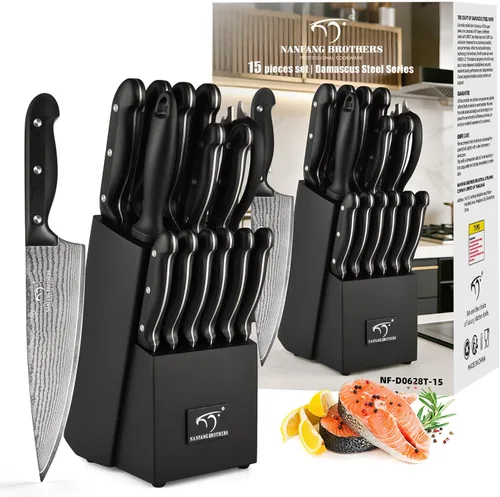 Vista 10 de Juego de cuchillos de cocina, juego de cuchillos de cocina de Damasco de 18 piezas con bloque, mango ergonómico de ABS para juego de cuchillos