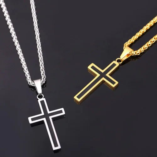 Vista 7 de U7 Simple Cross Necklace for Men Women, Stainless Steel Silver Black Gold Latin Cross Pendant Necklaces, Custom Engravable, Length 22-24 Inches