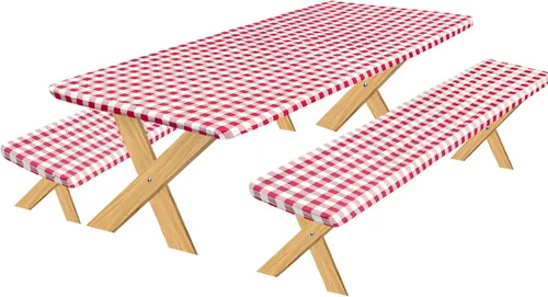 Vista 11 de OutdoorLines - Funda de vinilo ajustable para mesa de picnic con fundas de banco