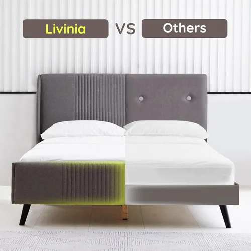 Vista 5 de Livinia Sunset - Cama de plataforma con respaldo de alas, base de cama tapizada de tela con cabecera de canal vertical, listones de madera fuertes