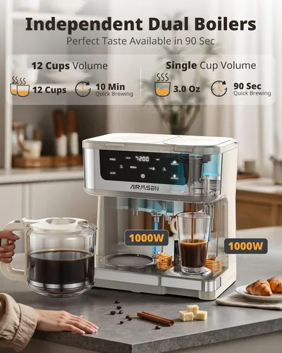Vista 4 de AIRMSEN Cafetera dual programable de 12 tazas – Máquina de una sola porción para K-Pods y molido, preparación rápida de 1000 W, inicio retardado