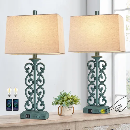 Vista 11 de AIEAMPDO Juego de 2 lámparas de mesa de resina estilo granja táctiles de 25" con 2 puertos USB, regulables de 3 vías, rústicas vintage, lámparas