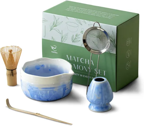 Vista 10 de Pottery Matcha Set – Tazón de té matcha japonés hecho a mano cuenco de esmalte mineral con boquilla, batidor de bambú, cuchara y soporte de Chasen