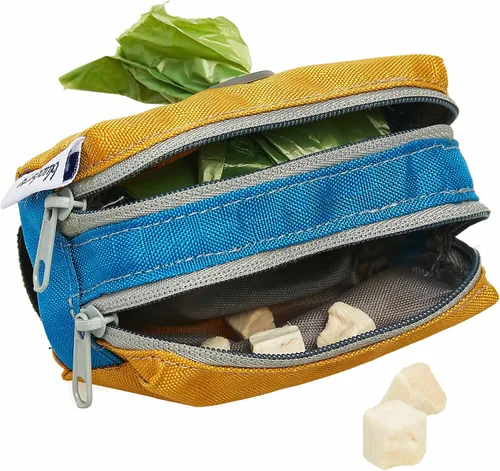 Vista 4 de Dispensador de bolsas de basura para perros estilo arándano, amarillo mostaza, dispensador de bolsas de basura de bloque de color con 2 cremalleras