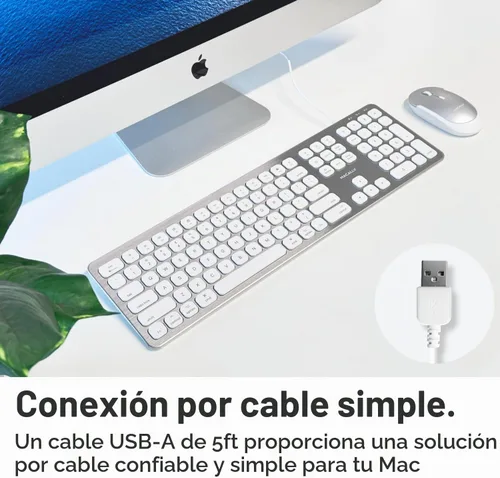 Vista 3 de Macally Teclado USB con cable para Mac - Teclado Apple compatible con puertos USB para mouse - Teclado Mac de tamaño completo con teclado numérico