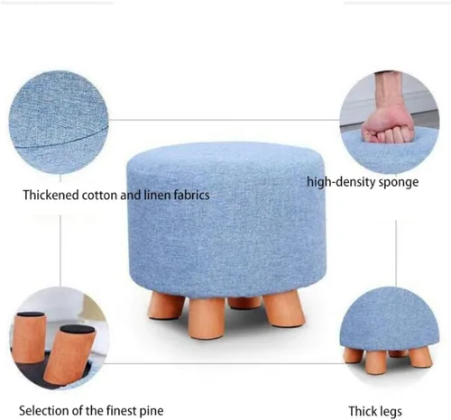 Vista 6 de Zapatero de 4 patas, taburete de madera maciza, taburete redondo de tela otomana, taburete de pie para sala de estar, sofá, reposapiés, oficina Verde