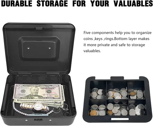 Vista 4 de Caja de efectivo de acero con cerradura de combinación, organizador de dinero pequeño de metal con bandeja de dinero extraíble, caja de Negro - 7.9