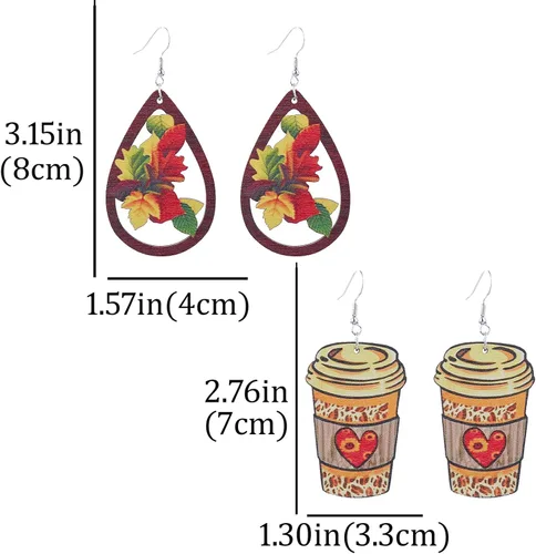 Vista 3 de Paquete de 3 pares de aretes de otoño de madera 2023 para mujeres y niñas, hojas de arce, taza de café, calabaza, girasol, juego de aretes de Acción