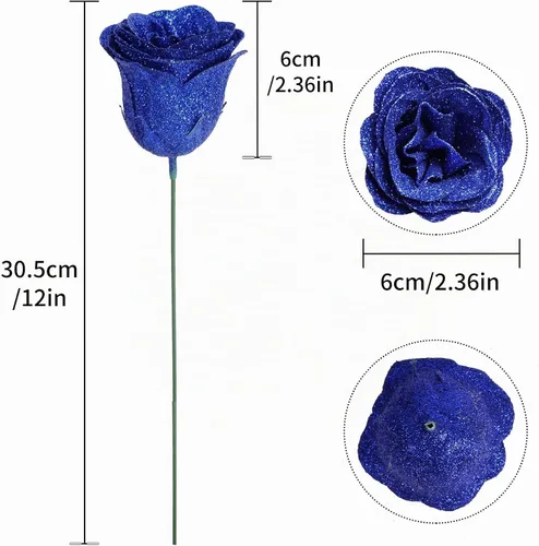 Vista 2 de Rosas artificiales, 30 rosas artificiales de seda con tallos para manualidades, ramo de boda, fiesta, decoración del hogar (azul rey)